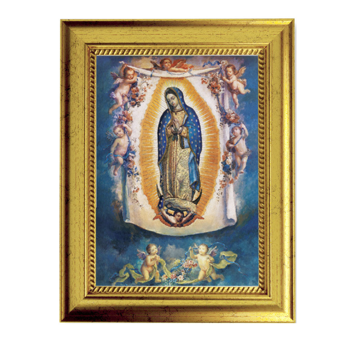 Our Lady of Guadalupe Picture Framed Wall Art Decor, Small, Antique Gold-Leaf Frame with Rope Detailed Lip