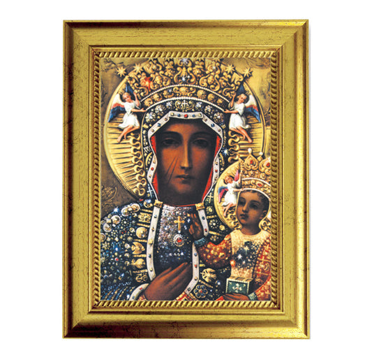 Our Lady of Czestochowa Picture Framed Wall Art Decor Small, Antique Gold-Leaf Frame with Rope Detailed Lip