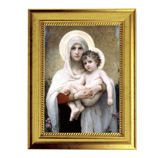 Madonna of the Roses Picture Framed Wall Art Decor Small, Antique Gold-Leaf Frame with Rope Detailed Lip