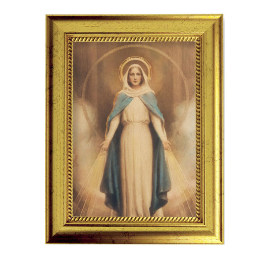 Miraculous Mary Picture Framed Wall Art Decor Small, Antique Gold-Leaf Frame with Rope Detailed Lip