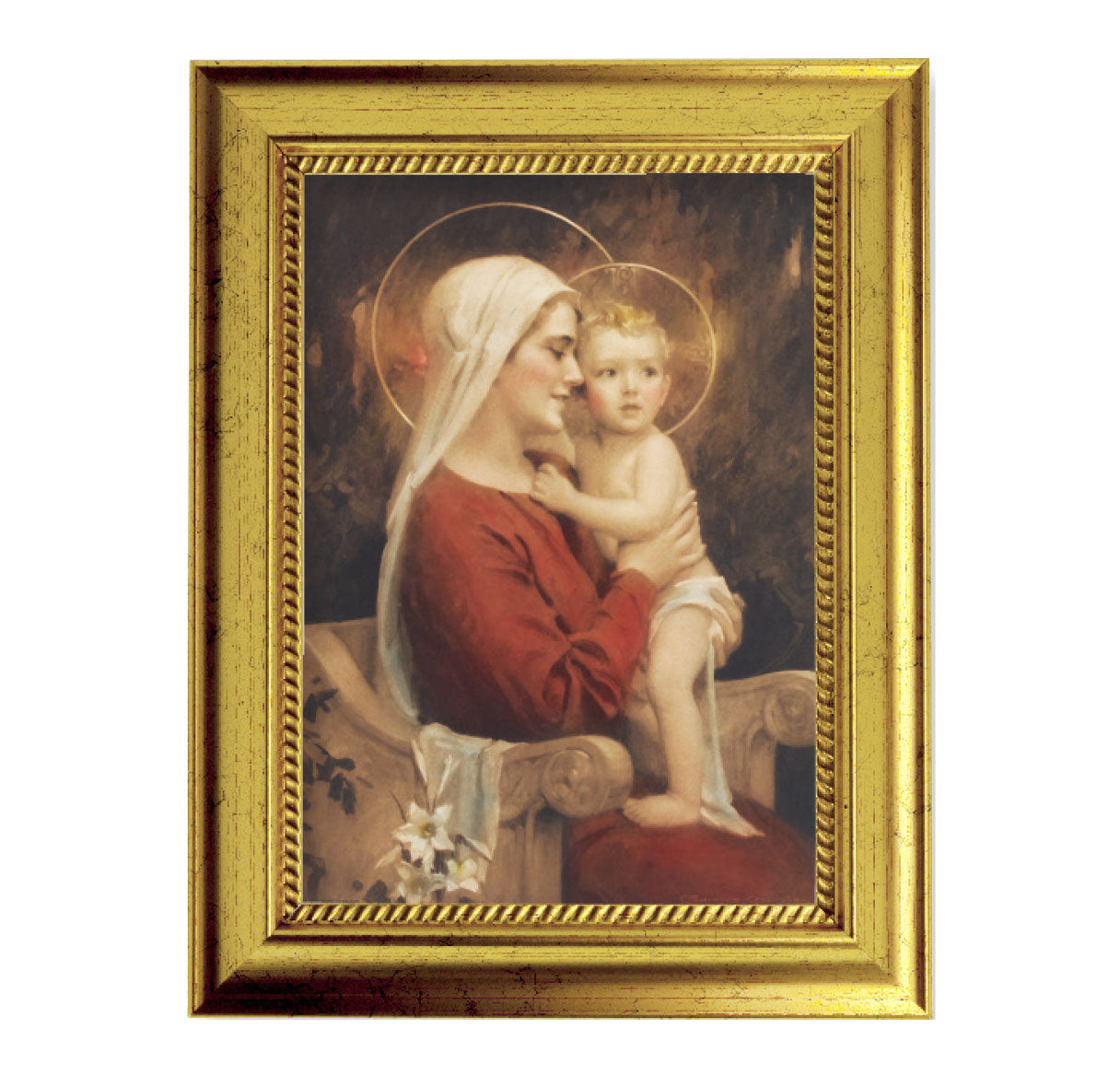 Madonna and Child Picture Framed Wall Art Decor, Small, Antique Gold-Leaf Frame with Rope Detailed Lip