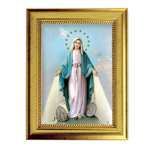Our Lady of the Miraculous Medal Picture Framed Wall Art Decor Small, Antique Gold-Leaf Frame with Rope Detailed Lip