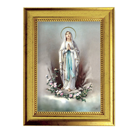 Our Lady of Lourdes Picture Framed Wall Art Decor Small, Antique Gold-Leaf Frame with Rope Detailed Lip