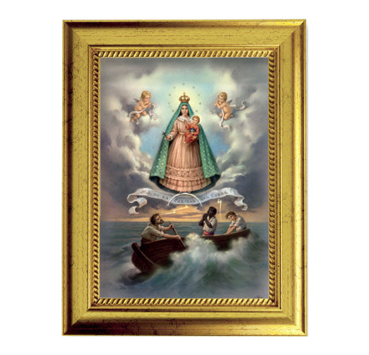 Caridad del Cobre Picture Framed Wall Art Decor Small, Antique Gold-Leaf Frame with Rope Detailed Lip
