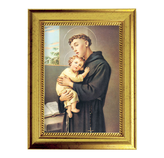 St. Anthony Picture Framed Wall Art Decor Small, Antique Gold-Leaf Frame with Rope Detailed Lip