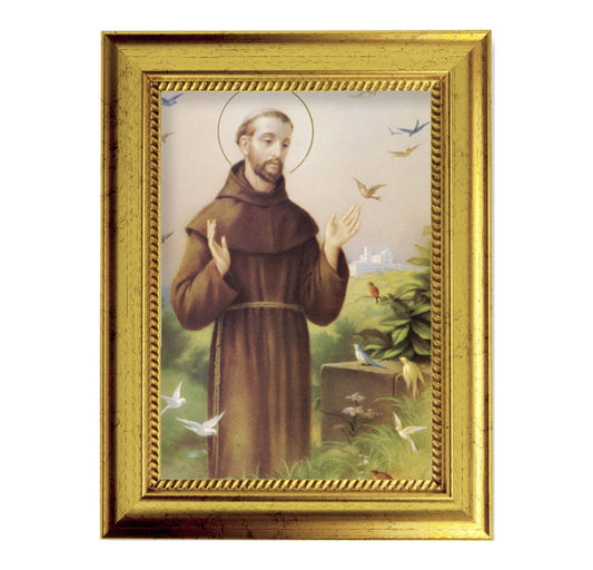 St. Francis Picture Framed Wall Art Decor Small, Antique Gold-Leaf Frame with Rope Detailed Lip