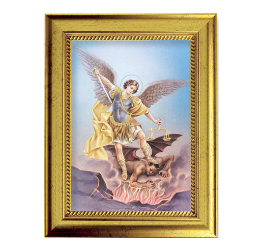 St. Michael Picture Framed Wall Art Decor Small, Antique Gold-Leaf Frame with Rope Detailed Lip