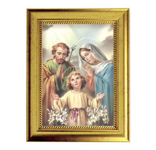 Holy Family Picture Framed Wall Art Decor Small, Antique Gold-Leaf Frame with Rope Detailed Lip