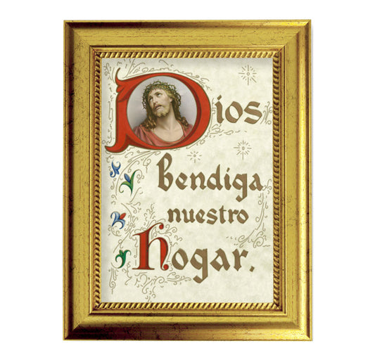 House Blessing (Spanish) Picture Framed Wall Art Decor Small, Antique Gold-Leaf Frame with Rope Detailed Lip