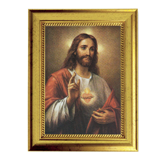 Sacred Heart of Jesus Picture Framed Wall Art Decor, Small, Antique Gold-Leaf Frame with Rope Detailed Lip