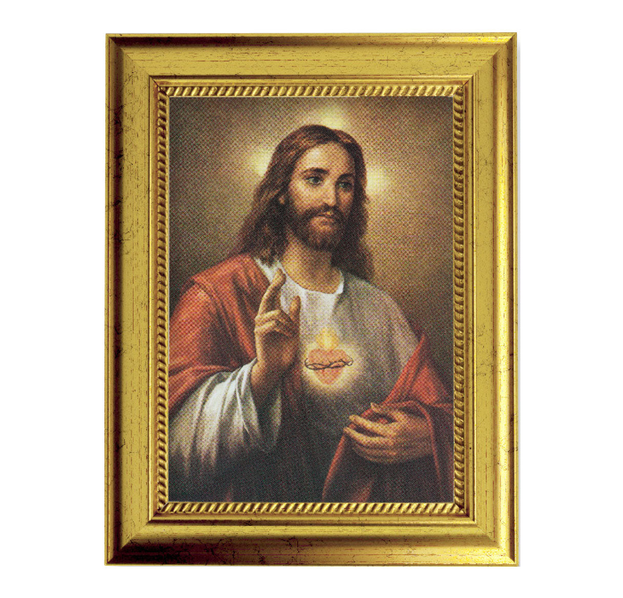 Sacred Heart of Jesus Picture Framed Wall Art Decor, Small, Antique Gold-Leaf Frame with Rope Detailed Lip