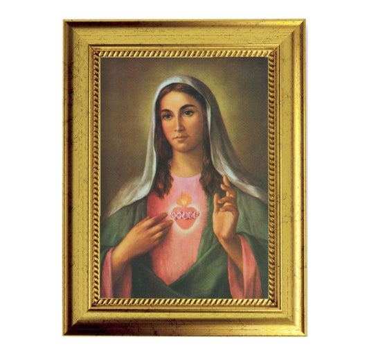 Immaculate Heart of Mary Picture Framed Wall Art Decor, Small, Antique Gold-Leaf Frame with Rope Detailed Lip