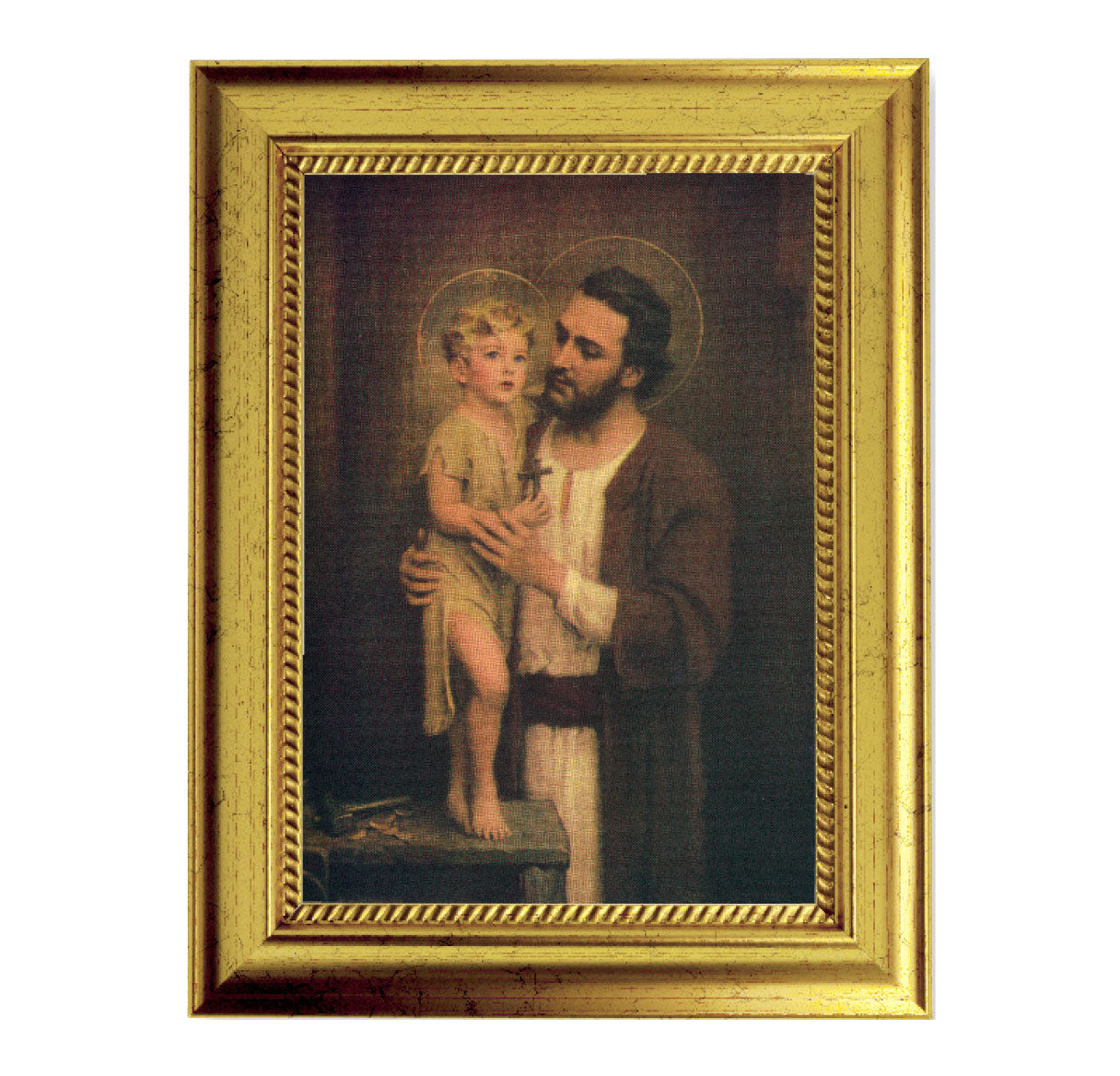 St. Joseph Picture Framed Wall Art Decor, Small, Antique Gold-Leaf Frame with Rope Detailed Lip