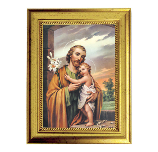 St. Joseph Picture Framed Wall Art Decor, Small, Antique Gold-Leaf Frame with Rope Detailed Lip