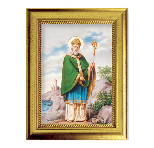 St. Patrick Picture Framed Wall Art Decor Small, Antique Gold-Leaf Frame with Rope Detailed Lip