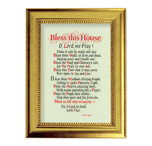 Bless This House Picture Framed Wall Art Decor Small, Antique Gold-Leaf Frame with Rope Detailed Lip