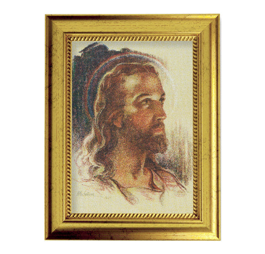 Head of Christ Picture Framed Wall Art Decor, Small, Antique Gold-Leaf Frame with Rope Detailed Lip