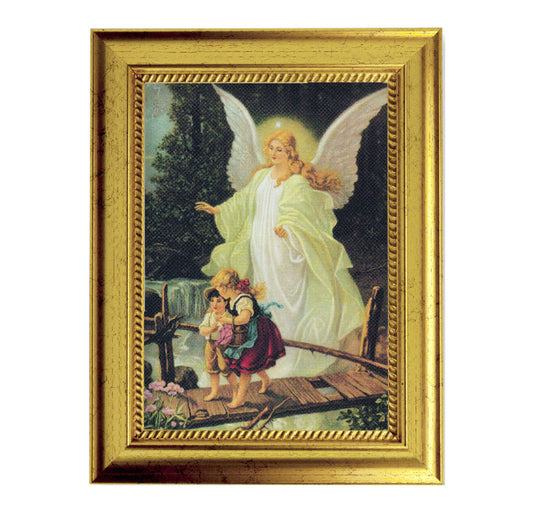 Guardian Angel Picture Framed Wall Art Decor Small, Antique Gold-Leaf Frame with Rope Detailed Lip