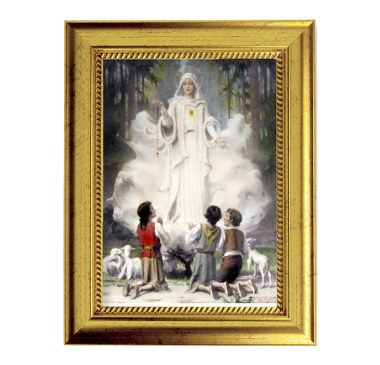 Our Lady of Fatima Picture Framed Wall Art Decor, Small, Antique Gold-Leaf Frame with Rope Detailed Lip