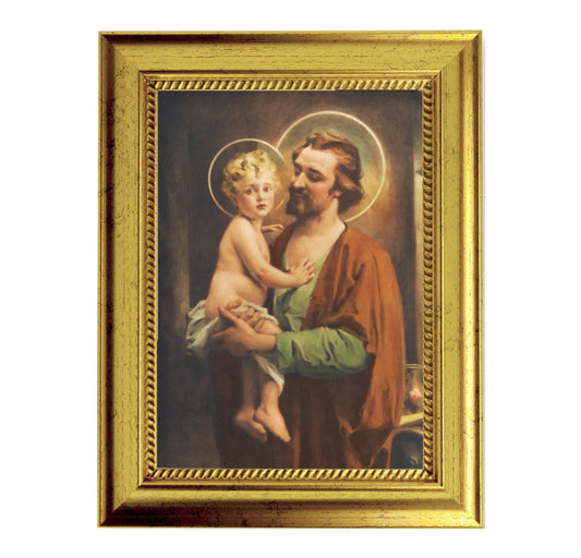 St. Joseph with Jesus Picture Framed Wall Art Decor Small, Antique Gold-Leaf Frame with Rope Detailed Lip