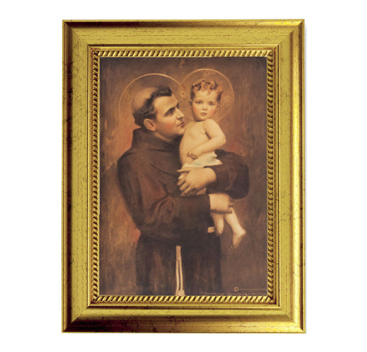 St. Anthony with Jesus Picture Framed Wall Art Decor Small, Antique Gold-Leaf Frame with Rope Detailed Lip