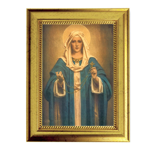 Our Lady of the Rosary Picture Framed Wall Art Decor Small, Antique Gold-Leaf Frame with Rope Detailed Lip