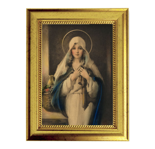 Madonna of the Sacred Coat Picture Framed Wall Art Decor Small, Antique Gold-Leaf Frame with Rope Detailed Lip