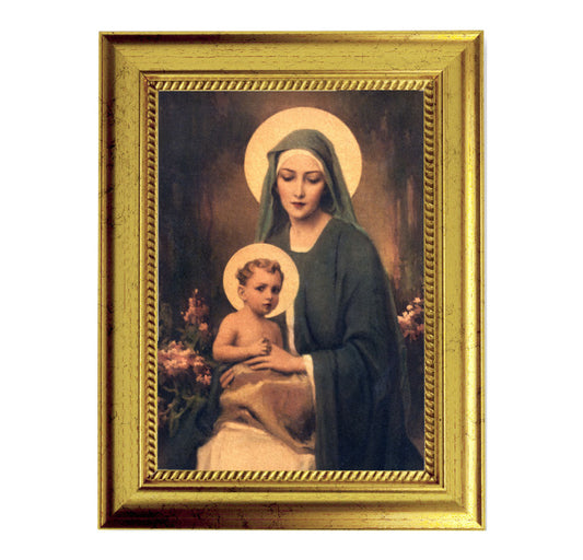 Mary and Child Picture Framed Wall Art Decor Small, Antique Gold-Leaf Frame with Rope Detailed Lip