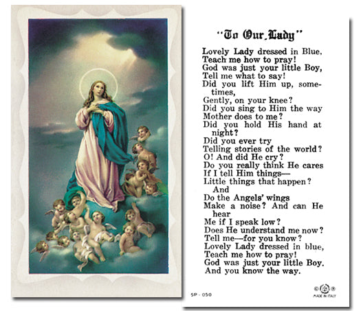Lovely Lady Dressed in Blue Catholic Prayer Holy Card with Prayer on Back, Pack of 100