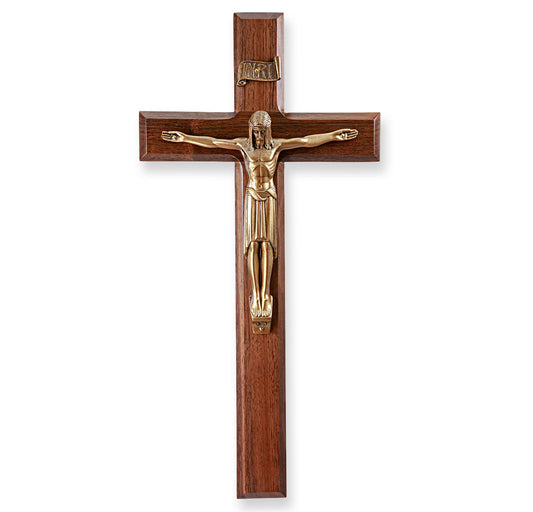 Large Catholic Genuine Walnut Wall Crucifix 12 Inch Decor