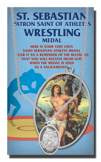 Oval Saint Sebastian Wrestling Pendant Necklace on a 24" Chain for Men, Patron Saint of Athletes, Made in USA