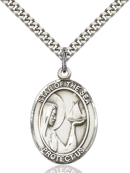 Extel Large Oval Sterling Silver Our Lady Star of the Sea Pendant with 24" chain