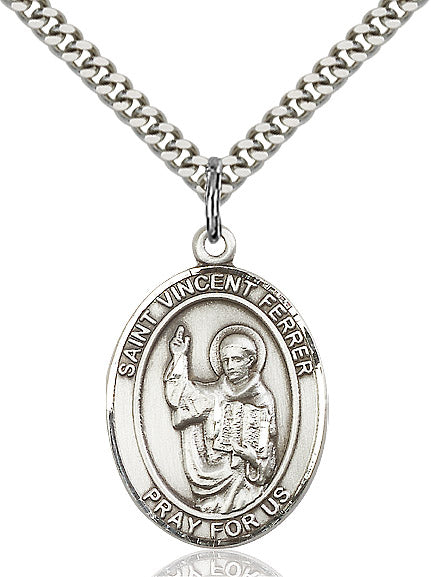 Extel Large Oval Sterling Silver St. Vincent Ferrer Pendant with 24" chain, Made in USA