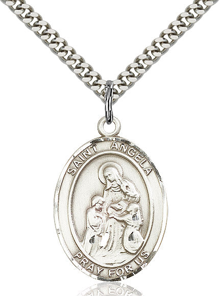 Extel Large Oval Sterling Silver St. Angela Merici Pendant with 24" chain, Made in USA