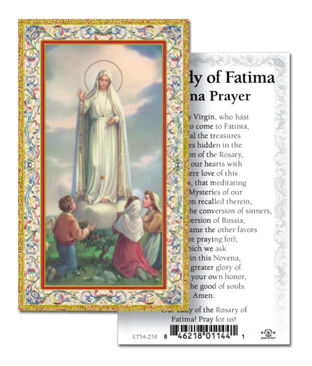 Our Lady of Fatima - Novena Prayer Gold-Stamped Catholic Prayer Holy Card with Prayer on Back, Pack of 100
