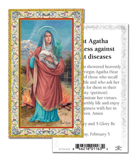 Saint Agatha Gold-Stamped Catholic Prayer Holy Card with Prayer on Back, Pack of 100