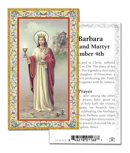 Saint Barbara Gold-Stamped Catholic Prayer Holy Card with Prayer on Back, Pack of 100