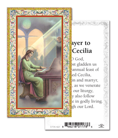 Saint Cecilia Gold-Stamped Catholic Prayer Holy Card with Prayer on Back, Pack of 100