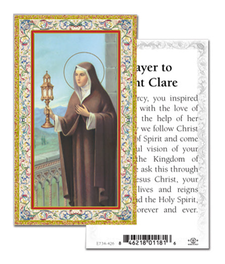 Saint Clare Gold-Stamped Catholic Prayer Holy Card with Prayer on Back, Pack of 100
