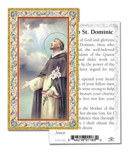Saint Dominic Gold-Stamped Catholic Prayer Holy Card with Prayer on Back, Pack of 100