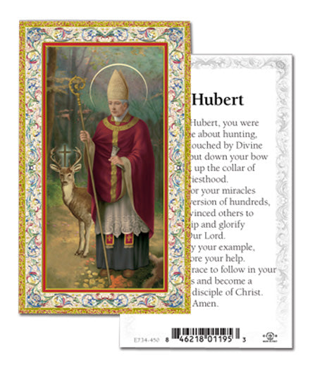 Saint Hubert Gold-Stamped Catholic Prayer Holy Card with Prayer on Back, Pack of 100