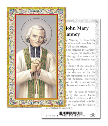 Saint John Mary Vianney Gold-Stamped Catholic Prayer Holy Card with Prayer on Back, Pack of 100