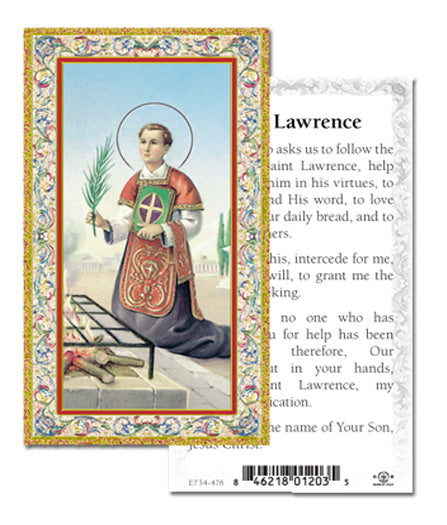Saint Lawrence Gold-Stamped Catholic Prayer Holy Card with Prayer on Back, Pack of 100