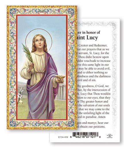 Saint Lucy Gold-Stamped Catholic Prayer Holy Card with Prayer on Back, Pack of 100