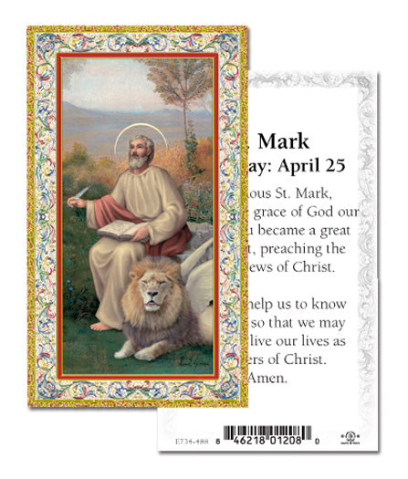 Saint Mark Gold-Stamped Catholic Prayer Holy Card with Prayer on Back, Pack of 100