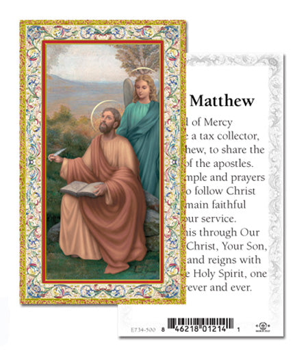 Saint Mattew Gold-Stamped Catholic Prayer Holy Card with Prayer on Back, Pack of 100