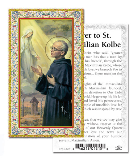 Saint Maximilian Kolbe Gold-Stamped Catholic Prayer Holy Card with Prayer on Back, Pack of 100