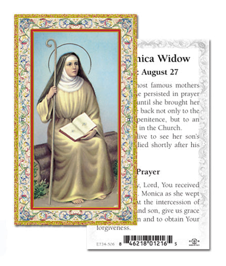 Saint Monica Gold-Stamped Catholic Prayer Holy Card with Prayer on Back, Pack of 100