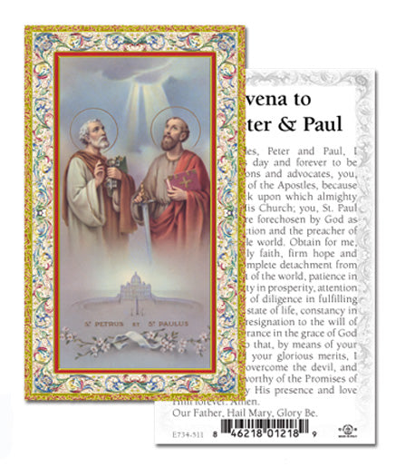 Saints Peter and Paul Gold-Stamped Catholic Prayer Holy Card with Prayer on Back, Pack of 100