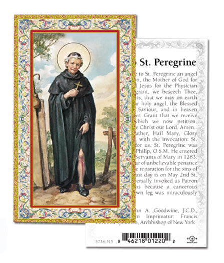 Saint Peregrine Gold-Stamped Catholic Prayer Holy Card with Prayer on Back, Pack of 100